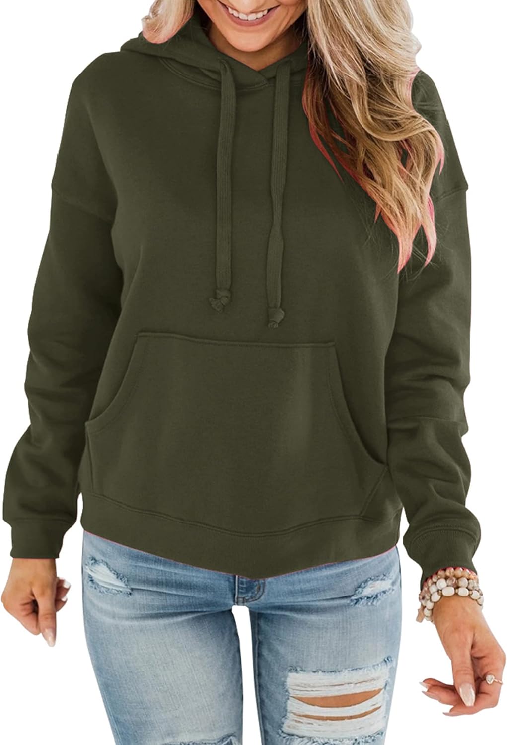 Womens Casual Hoodies Crew Neck Long Sleeve Sweatshirts with Pocket Lightweight Pullover Tops