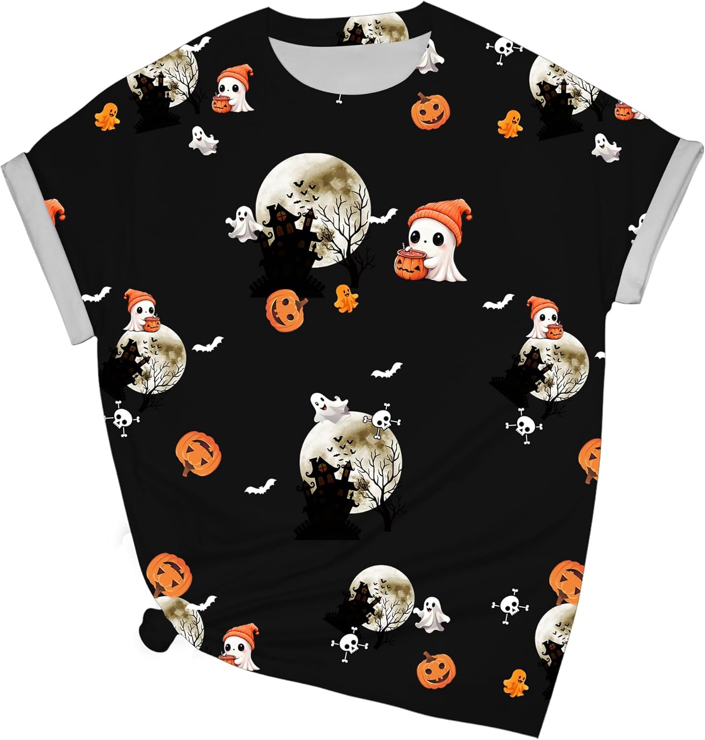 Halloween Shirts for Women: Castle Pumpkin Pattern Halloween Party Short Sleeve Costumes Crewneck T-Shirt