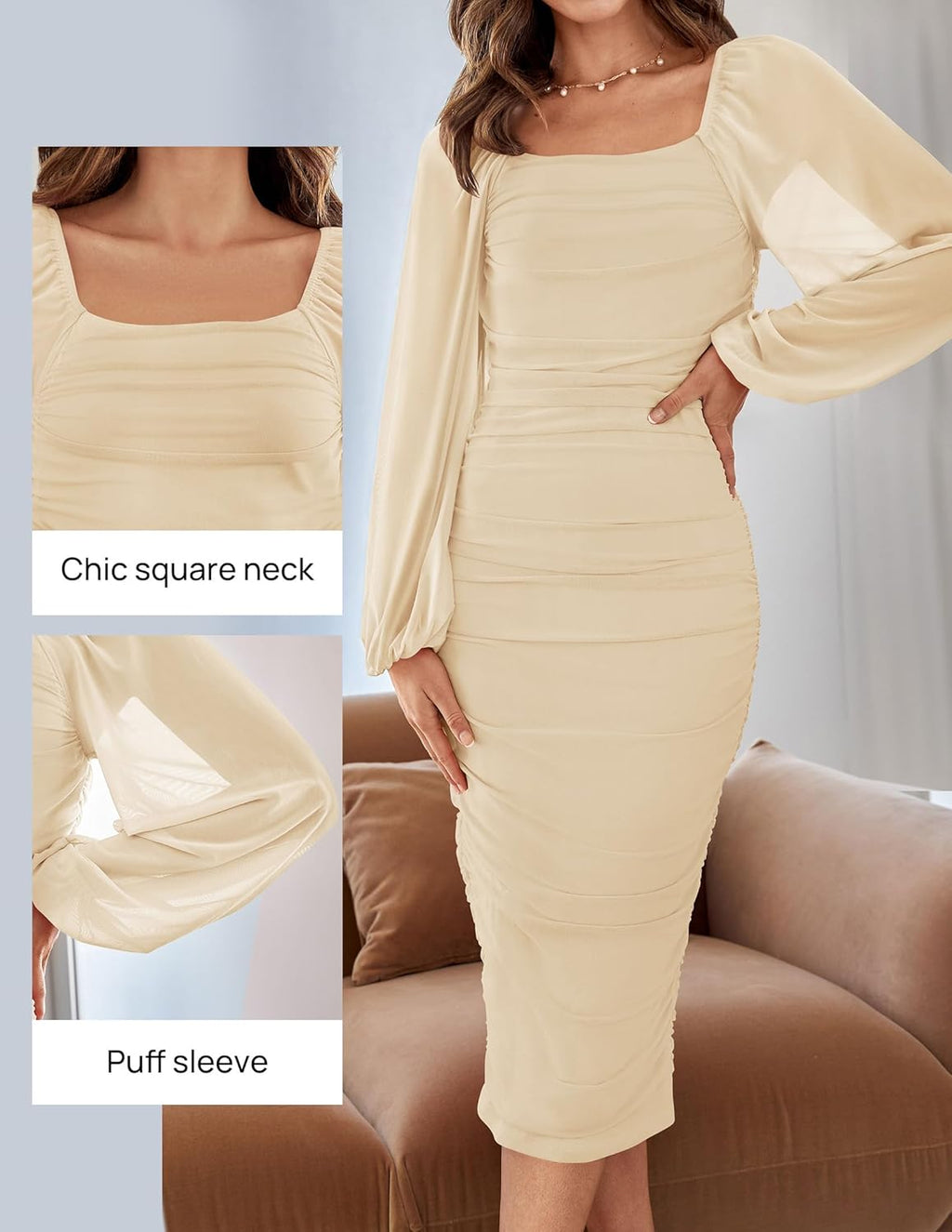 Women's Sexy Ruched Bodycon Midi Dress Long Puff Sleeve Square Neck Backless Cocktail Party Wedding Dresses
