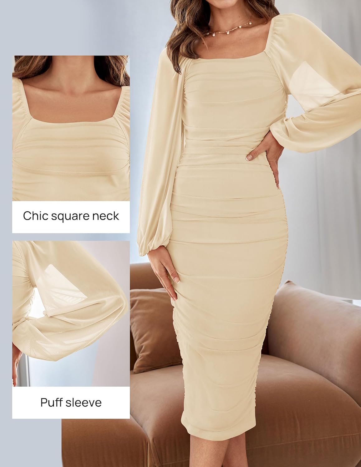 Women's Sexy Ruched Bodycon Midi Dress Long Puff Sleeve Square Neck Backless Cocktail Party Wedding Dresses