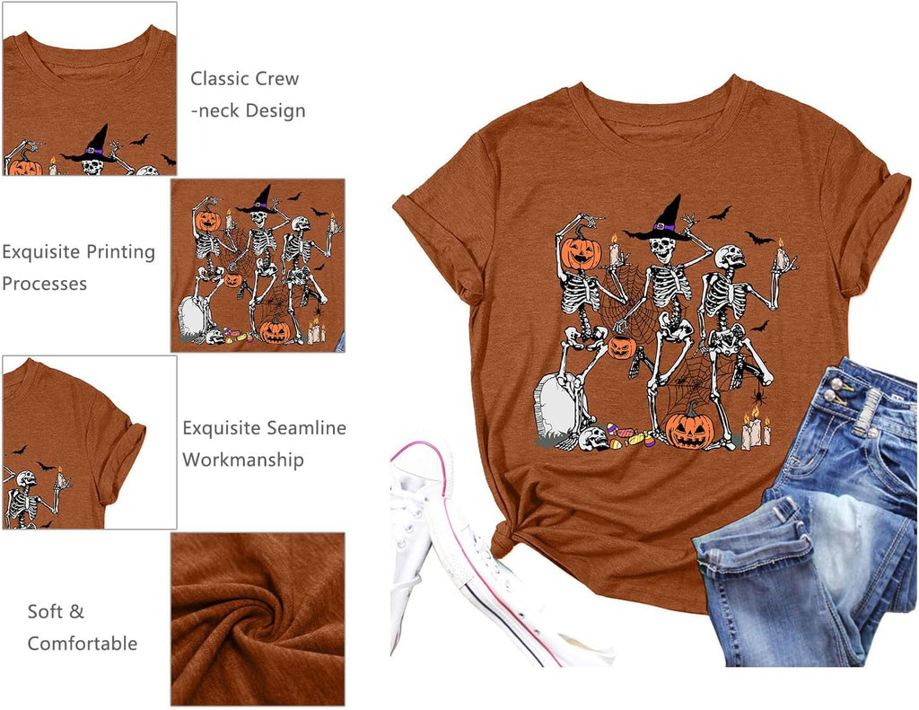 Dancing Skeleton Shirt for Women Happy Halloween T-Shirt Funny Skeleton Graphic Tees Tops Blouse Gift