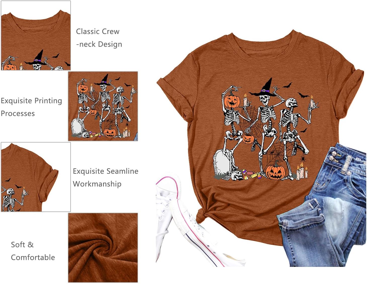 Dancing Skeleton Shirt for Women Happy Halloween T-Shirt Funny Skeleton Graphic Tees Tops Blouse Gift