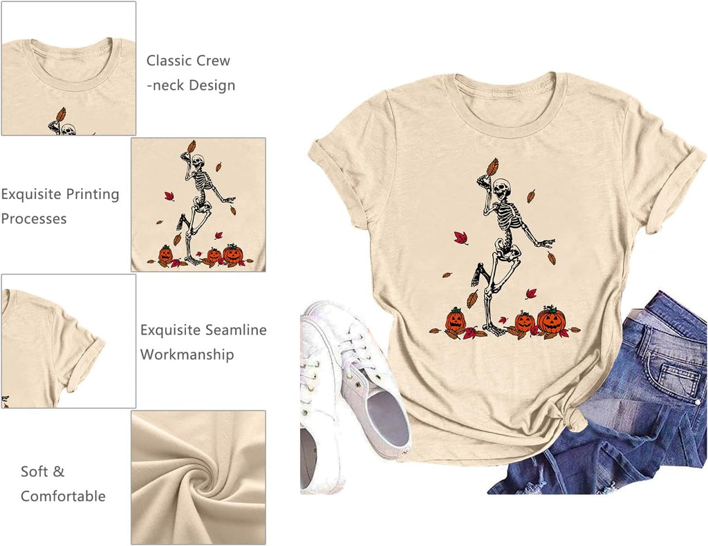 Dancing Skeleton Shirt for Women Happy Halloween T-Shirt Funny Skeleton Graphic Tees Tops Blouse Gift
