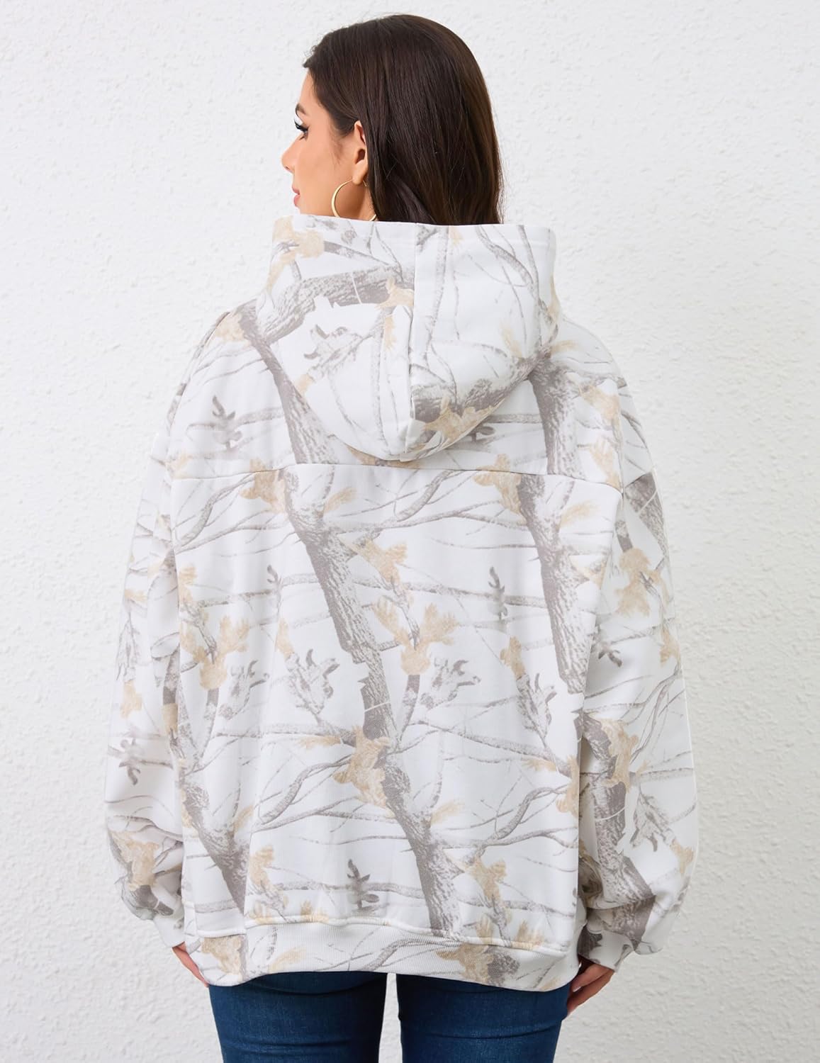 Womens Camo Hoodies Maple Leaf Print Oversized Hooded Sweatshirt Fleece Pullover Sweatshirts Long Sleeve with Pocket