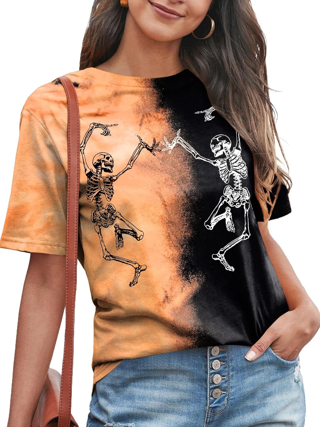 Dancing Skeleton Shirt for Women Happy Halloween T-Shirt Funny Skeleton Graphic Tees Tops Blouse Gift