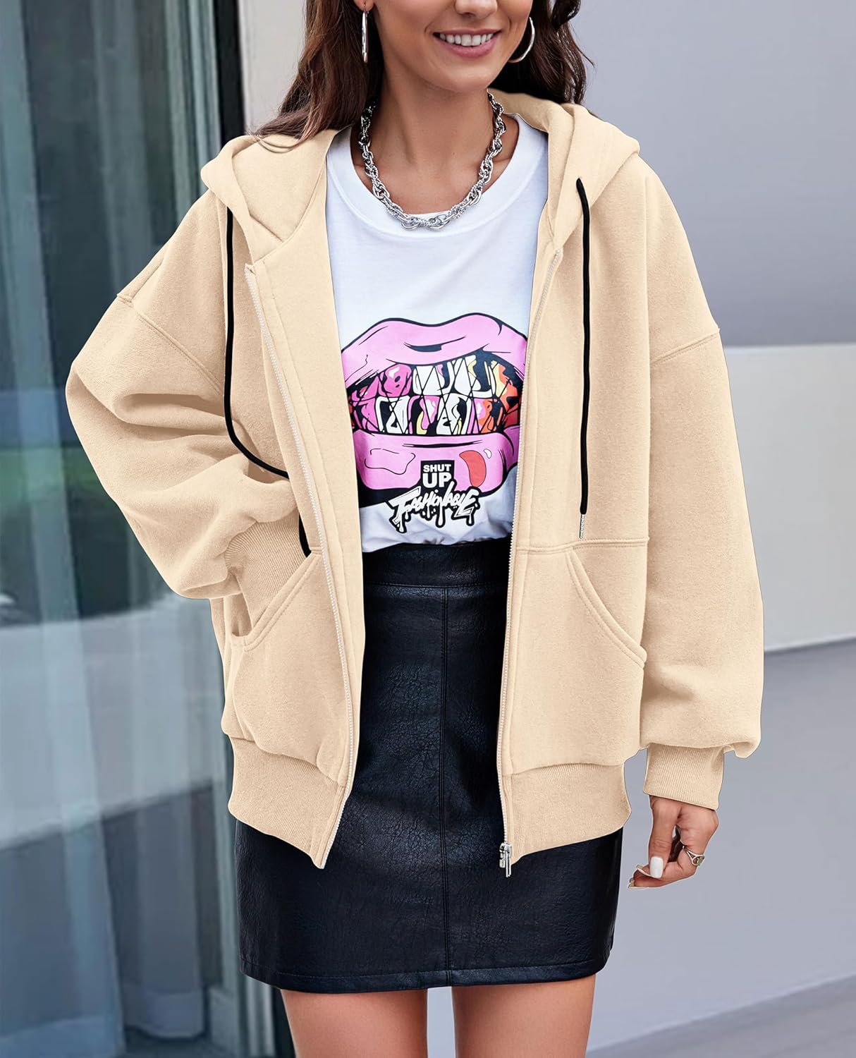 Women's 2025 Fall Oversized Hoodies Sweatshirt Long Sleeve Zip Up Pockets Loose Fit Y2K Winter Jackets Coat