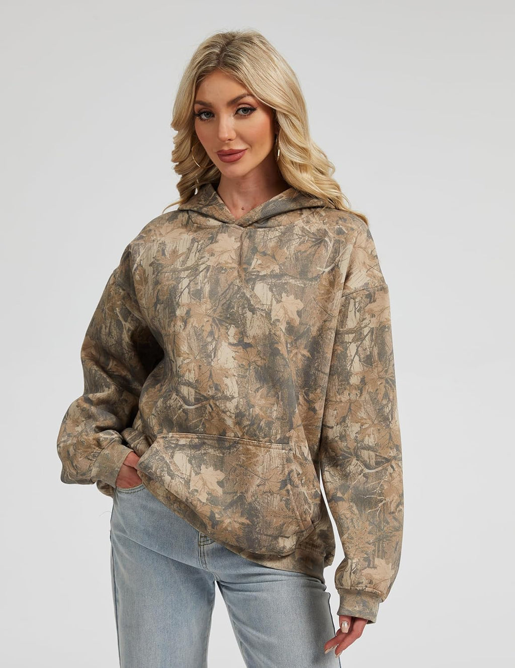 Womens Camo Hoodies Maple Leaf Print Oversized Hooded Sweatshirt Fleece Pullover Sweatshirts Long Sleeve with Pocket