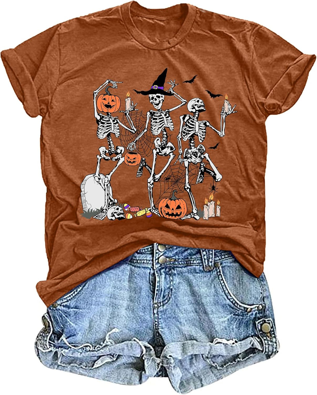 Dancing Skeleton Shirt for Women Happy Halloween T-Shirt Funny Skeleton Graphic Tees Tops Blouse Gift