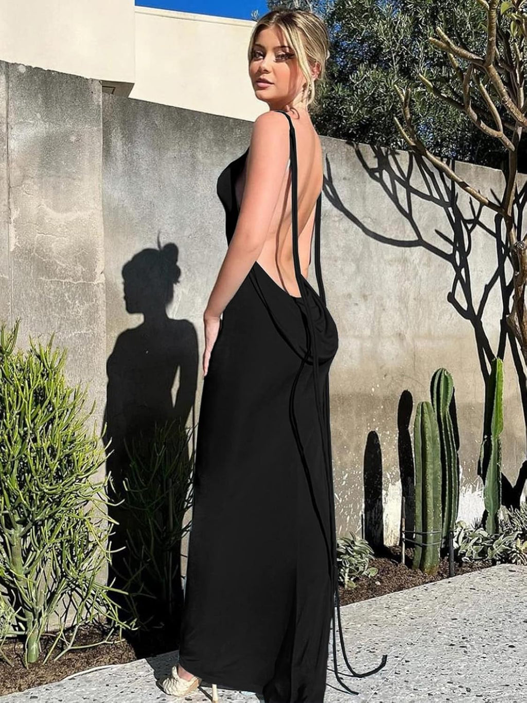 Slip Bodycon Dresses for Women Spaghetti Strap Lace Up Backless Cowl Neck Maxi Mermaid Cocktail Party Dress