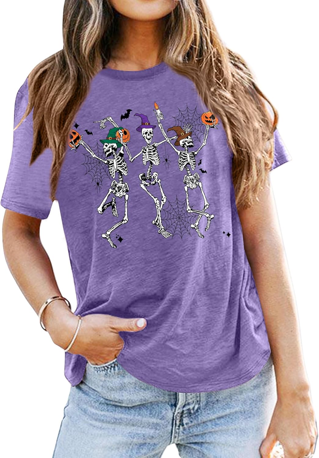 Dancing Skeleton Shirt for Women Happy Halloween T-Shirt Funny Skeleton Graphic Tees Tops Blouse Gift