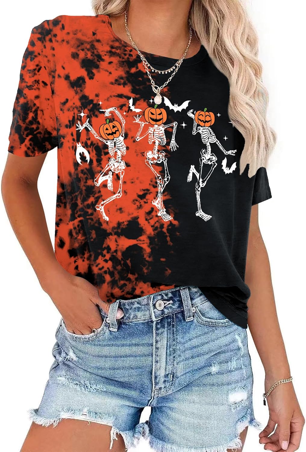 Dancing Skeleton Shirt for Women Happy Halloween T-Shirt Funny Skeleton Graphic Tees Tops Blouse Gift