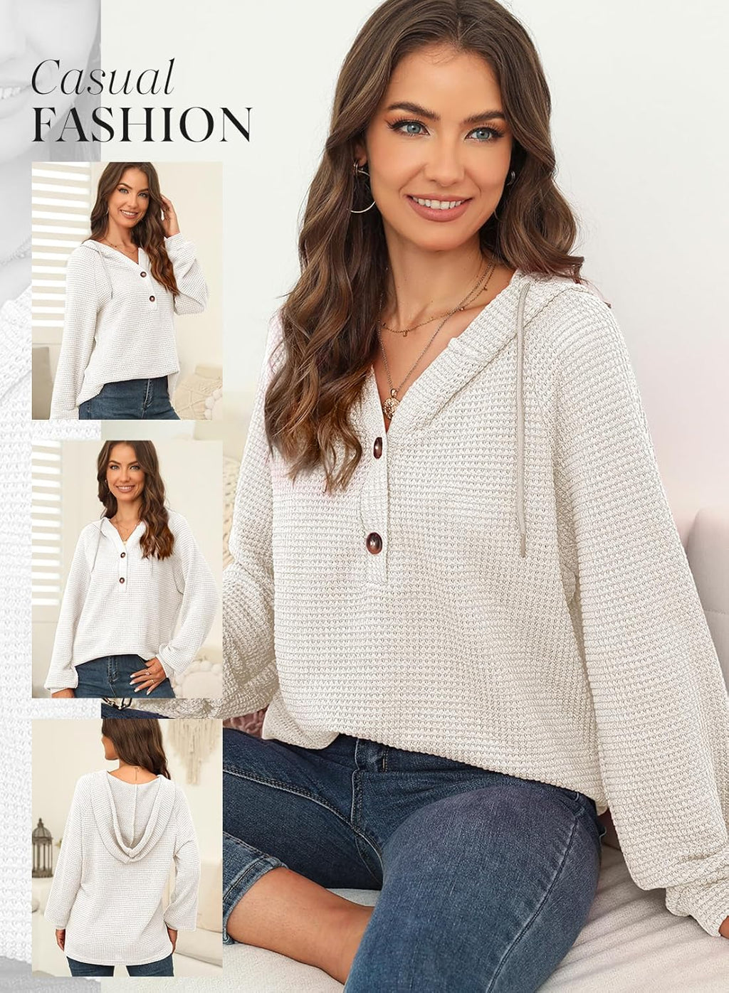 Hoodies for Women Waffle Knit Long Sleeve Drawstring Button V Neck Casual Pullover Sweatshirt Hooded Tops