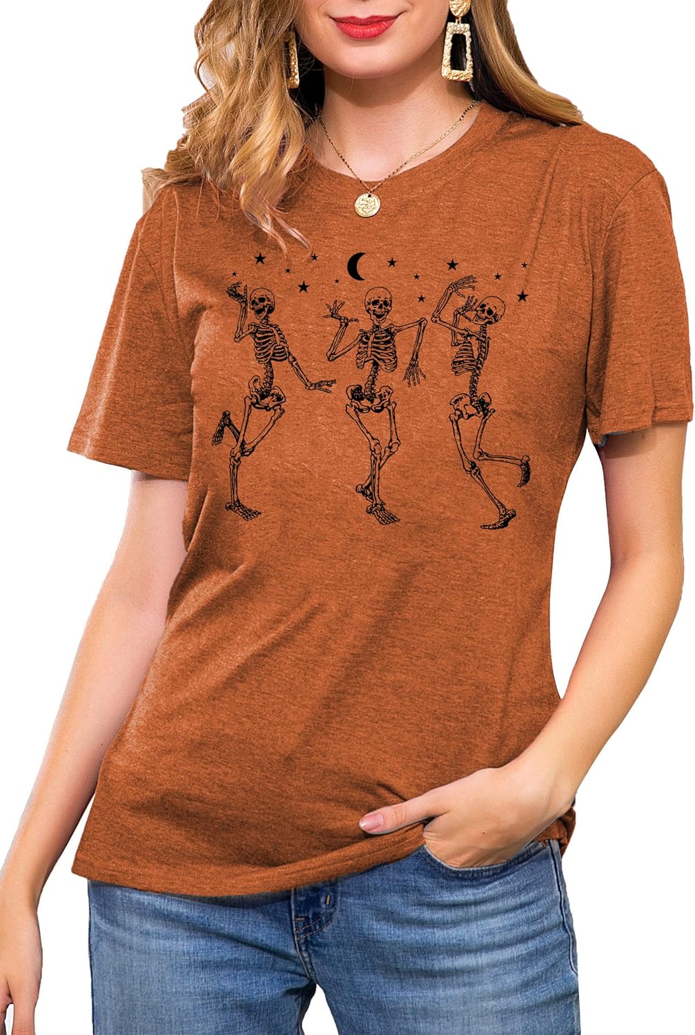 Dancing Skeleton Shirt for Women Happy Halloween T-Shirt Funny Skeleton Graphic Tees Tops Blouse Gift