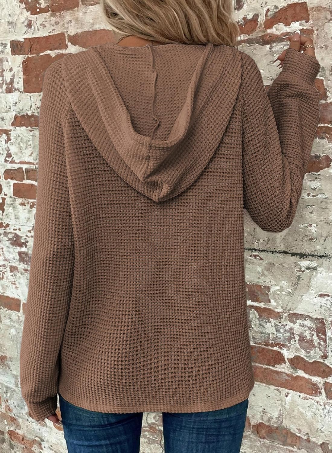 Hoodies for Women Waffle Knit Long Sleeve Drawstring Button V Neck Casual Pullover Sweatshirt Hooded Tops