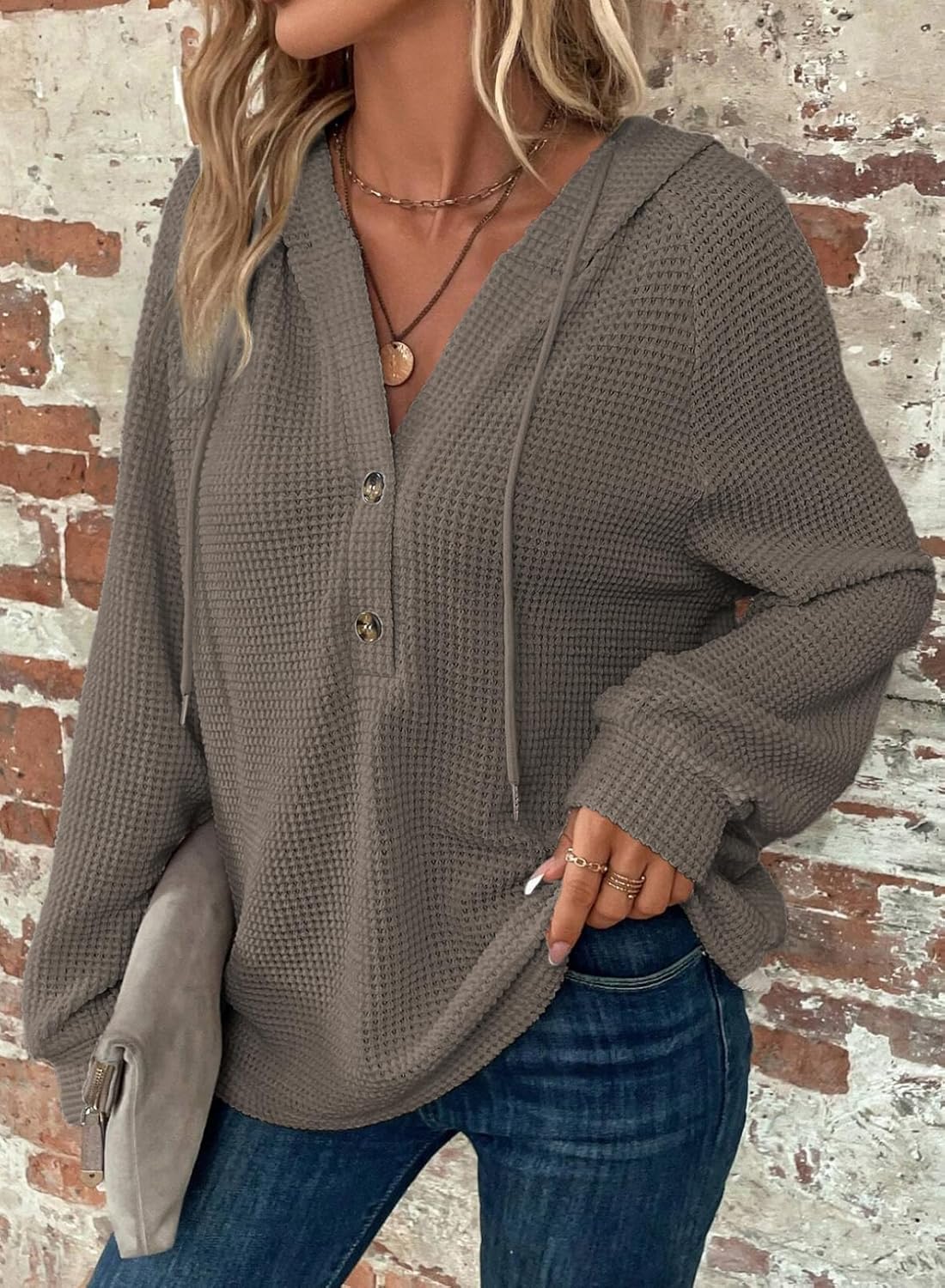 Hoodies for Women Waffle Knit Long Sleeve Drawstring Button V Neck Casual Pullover Sweatshirt Hooded Tops