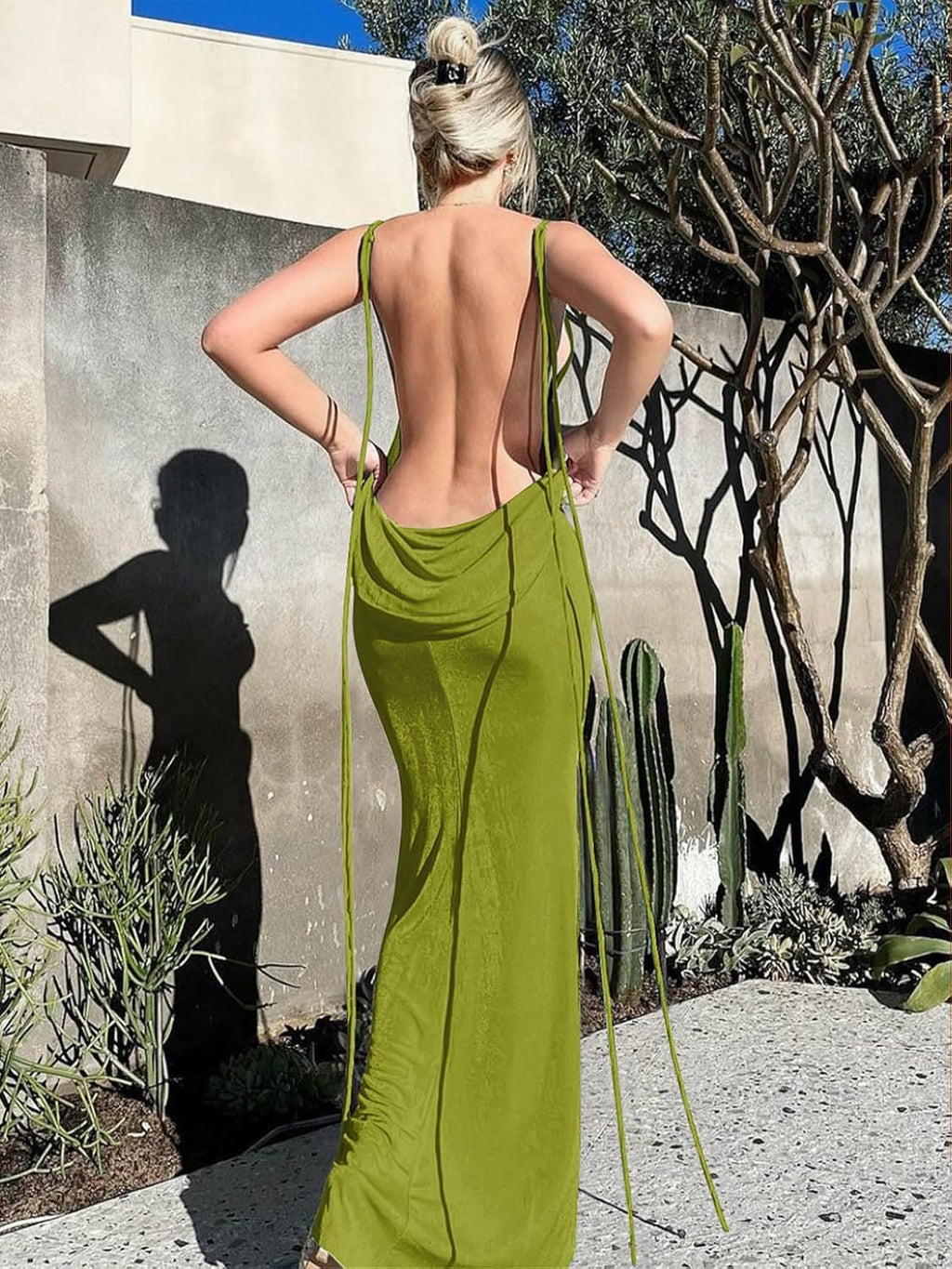 Slip Bodycon Dresses for Women Spaghetti Strap Lace Up Backless Cowl Neck Maxi Mermaid Cocktail Party Dress