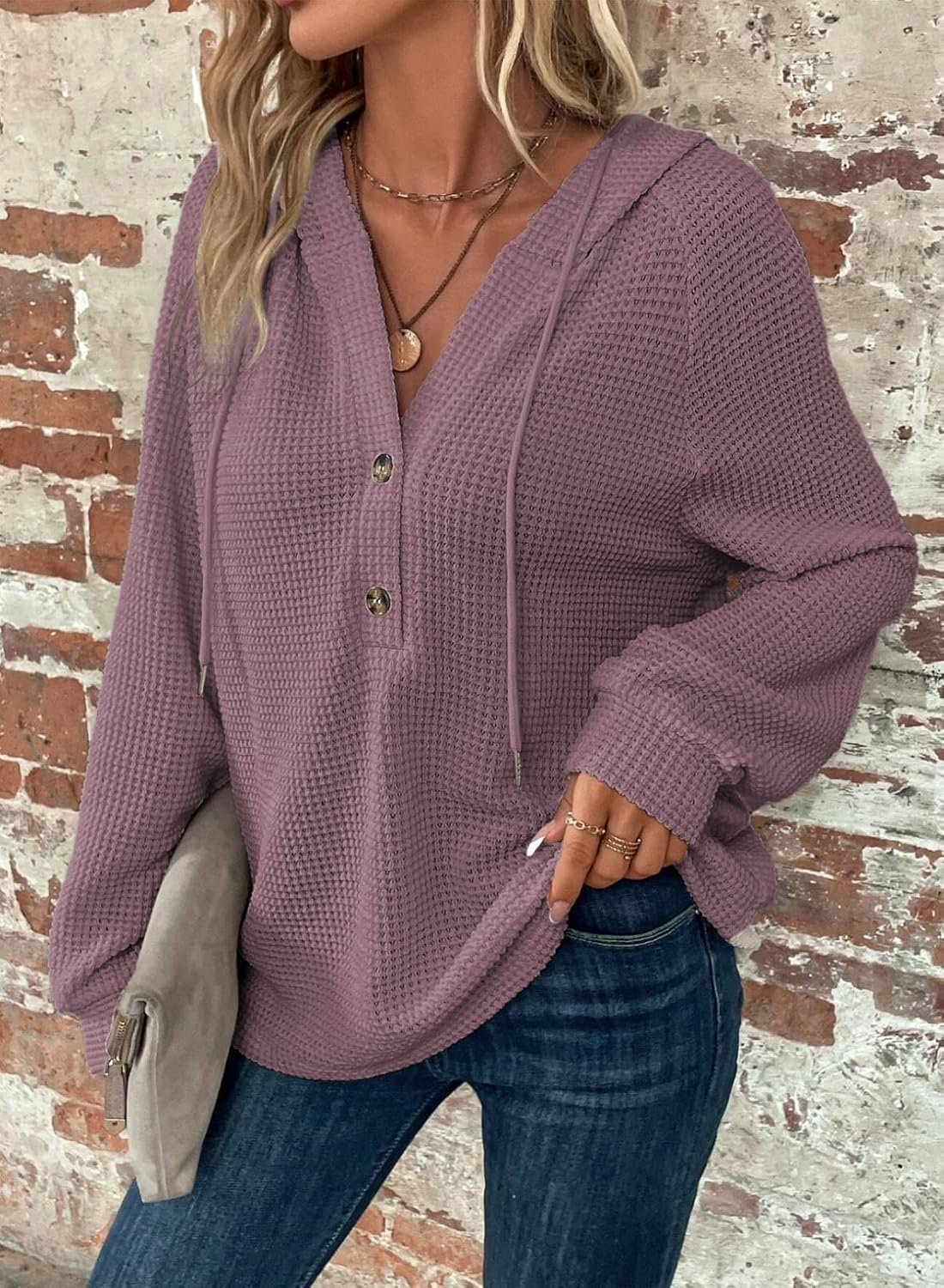 Hoodies for Women Waffle Knit Long Sleeve Drawstring Button V Neck Casual Pullover Sweatshirt Hooded Tops