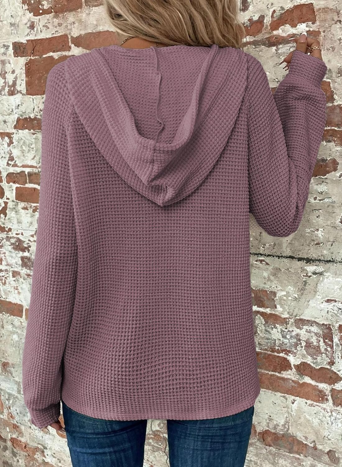 Hoodies for Women Waffle Knit Long Sleeve Drawstring Button V Neck Casual Pullover Sweatshirt Hooded Tops