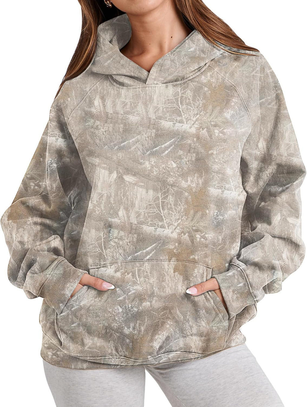 Womens Camo Hoodies Maple Leaf Print Oversized Hooded Sweatshirt Fleece Pullover Sweatshirts Long Sleeve with Pocket