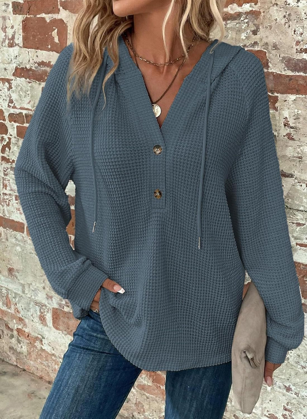 Hoodies for Women Waffle Knit Long Sleeve Drawstring Button V Neck Casual Pullover Sweatshirt Hooded Tops