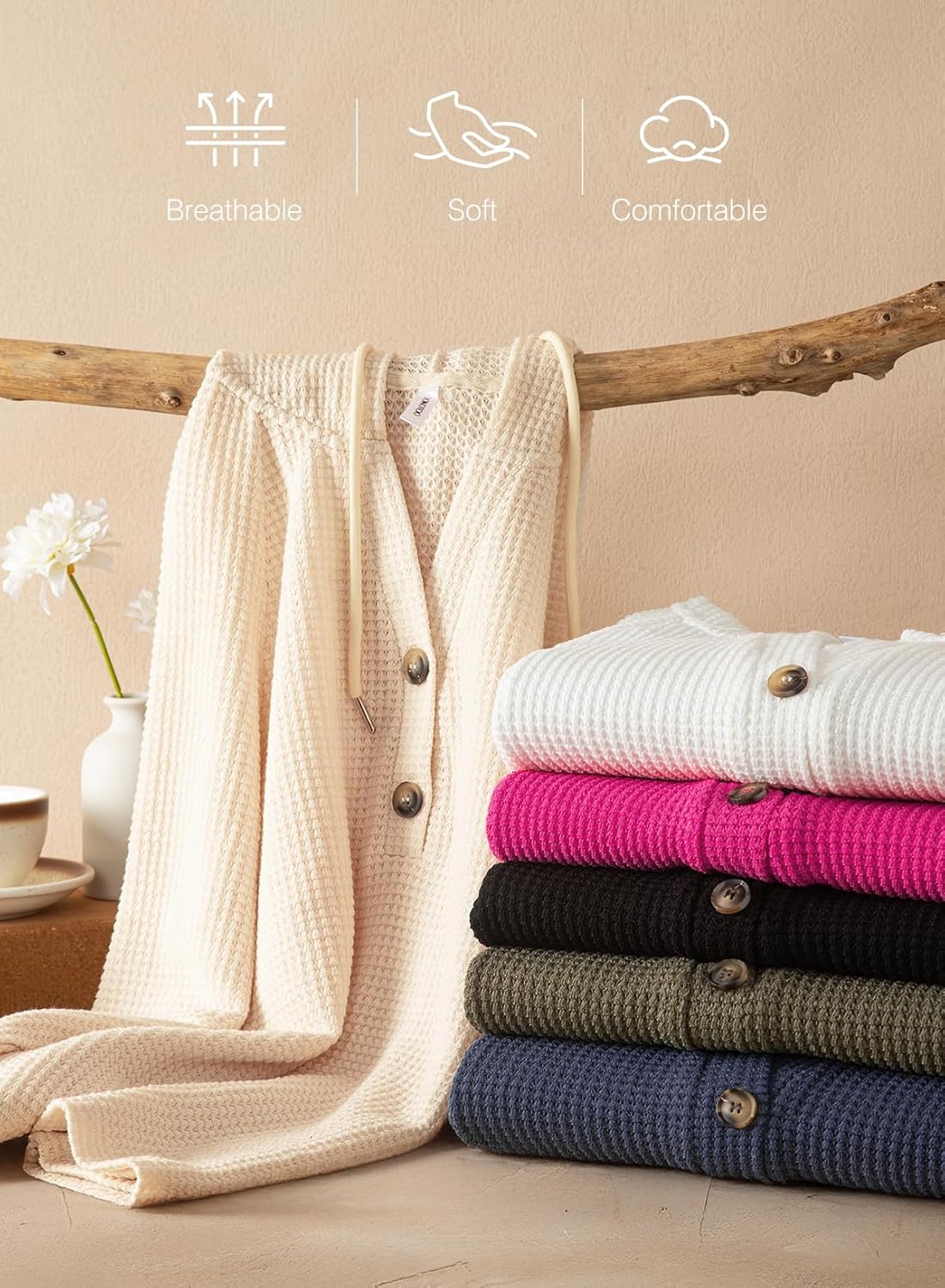 Hoodies for Women Waffle Knit Long Sleeve Drawstring Button V Neck Casual Pullover Sweatshirt Hooded Tops