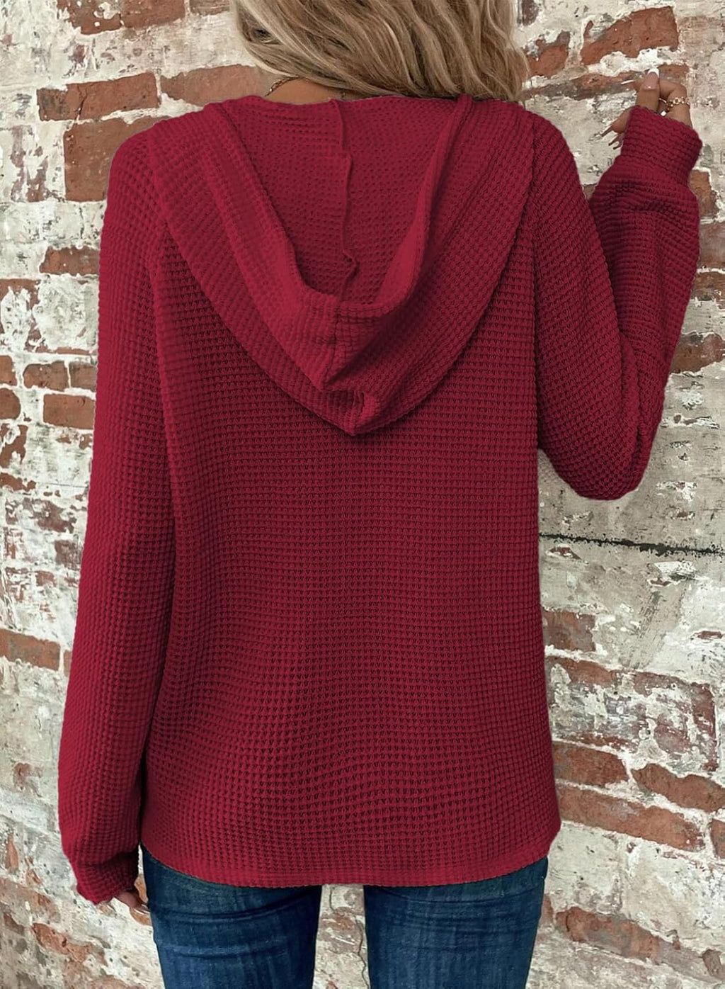 Hoodies for Women Waffle Knit Long Sleeve Drawstring Button V Neck Casual Pullover Sweatshirt Hooded Tops