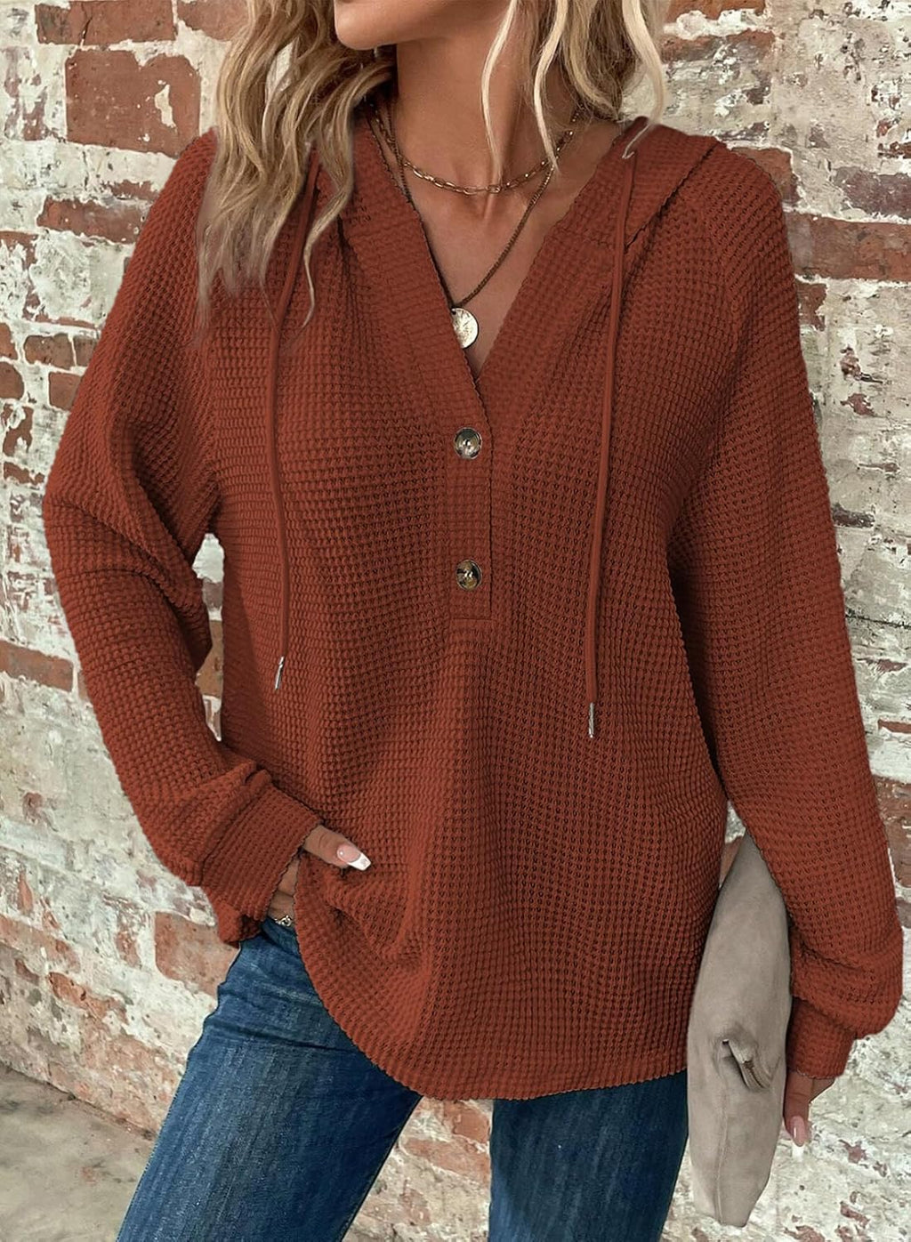 Hoodies for Women Waffle Knit Long Sleeve Drawstring Button V Neck Casual Pullover Sweatshirt Hooded Tops