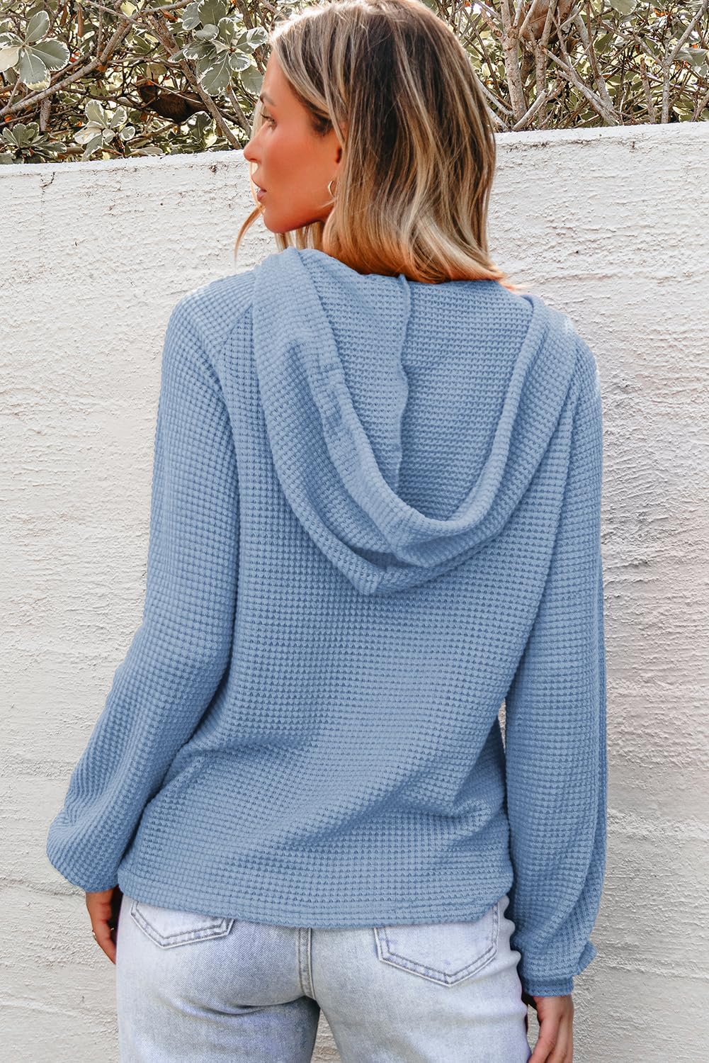 Hoodies for Women Waffle Knit Long Sleeve Drawstring Button V Neck Casual Pullover Sweatshirt Hooded Tops