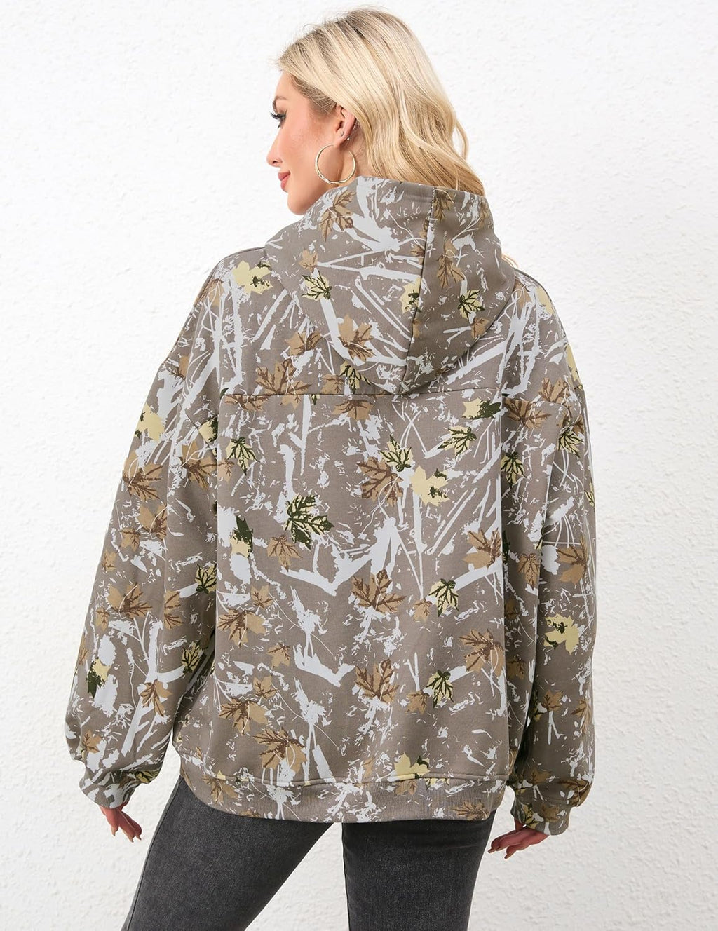 Womens Camo Hoodies Maple Leaf Print Oversized Hooded Sweatshirt Fleece Pullover Sweatshirts Long Sleeve with Pocket