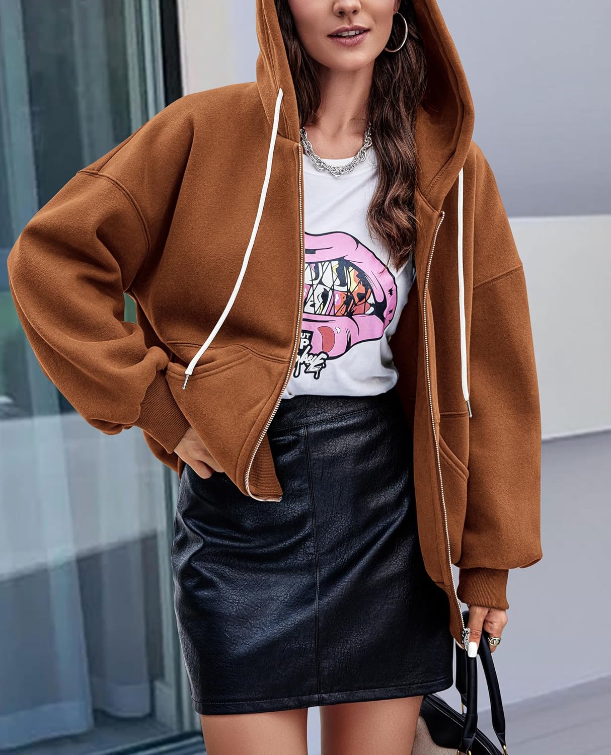 Women's 2025 Fall Oversized Hoodies Sweatshirt Long Sleeve Zip Up Pockets Loose Fit Y2K Winter Jackets Coat