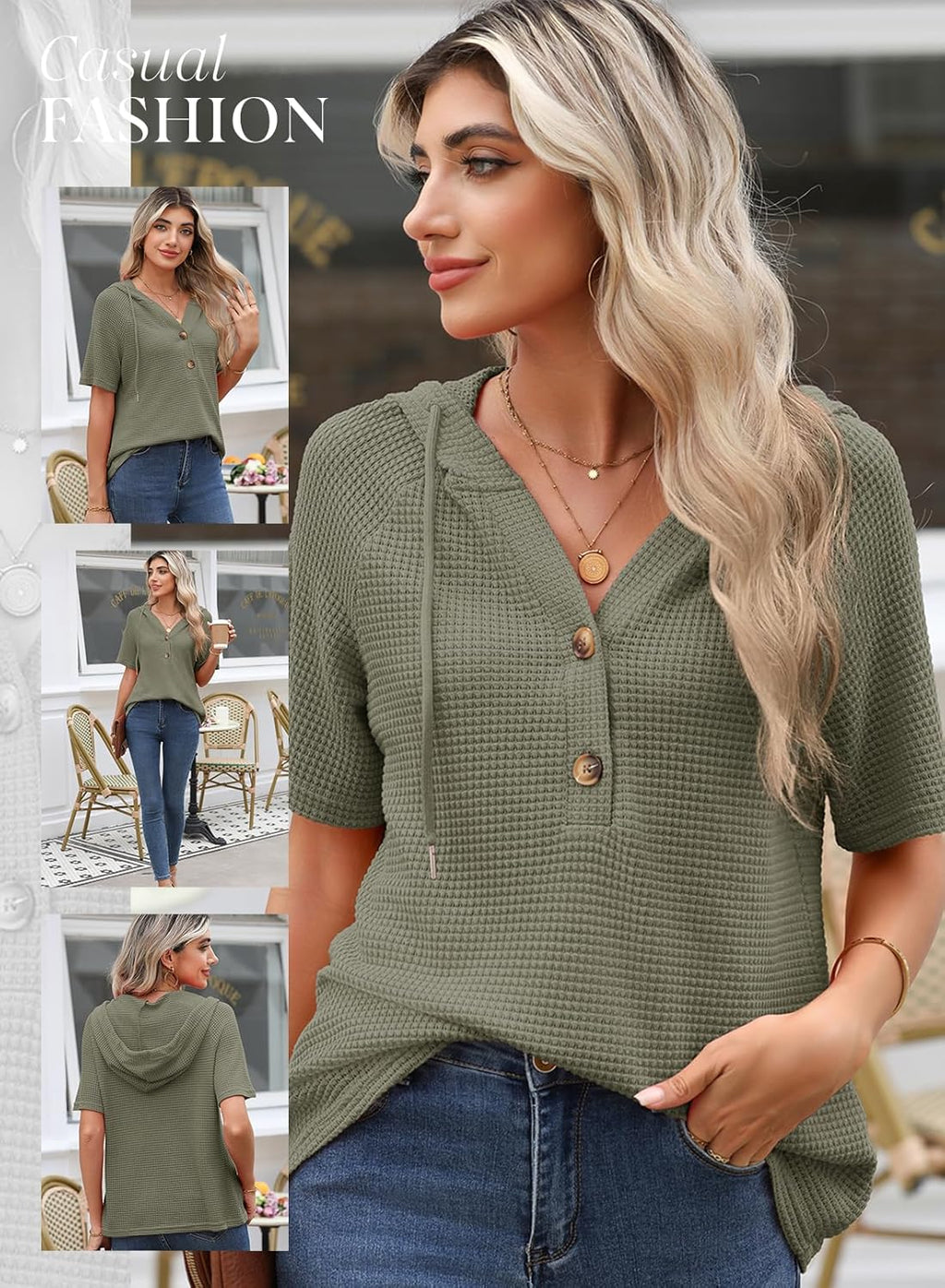 Hoodies for Women Waffle Knit Long Sleeve Drawstring Button V Neck Casual Pullover Sweatshirt Hooded Tops