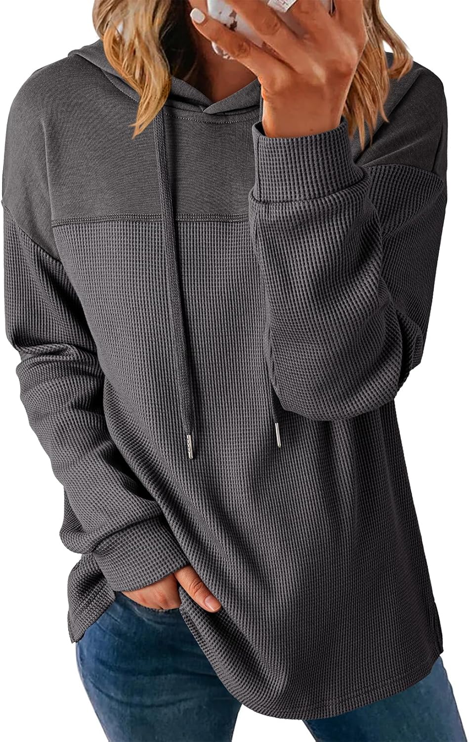 Womens Hoodies Casual Waffle Knit Long Sleeve Drawstring Pullover Sweatshirts Lightweight Hooded Tops