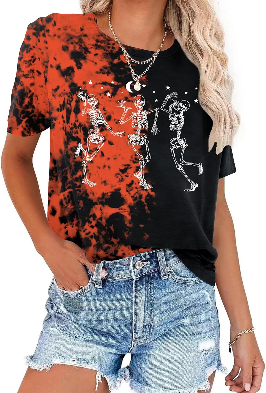 Dancing Skeleton Shirt for Women Happy Halloween T-Shirt Funny Skeleton Graphic Tees Tops Blouse Gift