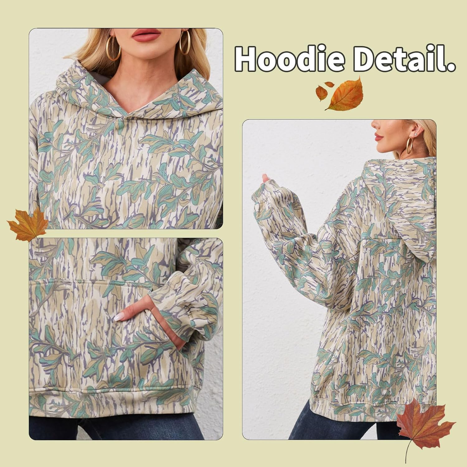 Womens Camo Hoodies Maple Leaf Print Oversized Hooded Sweatshirt Fleece Pullover Sweatshirts Long Sleeve with Pocket
