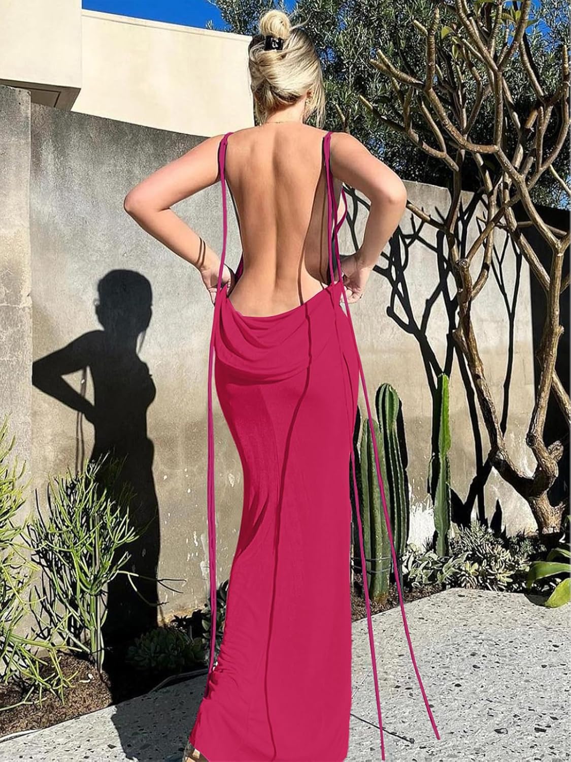 Slip Bodycon Dresses for Women Spaghetti Strap Lace Up Backless Cowl Neck Maxi Mermaid Cocktail Party Dress