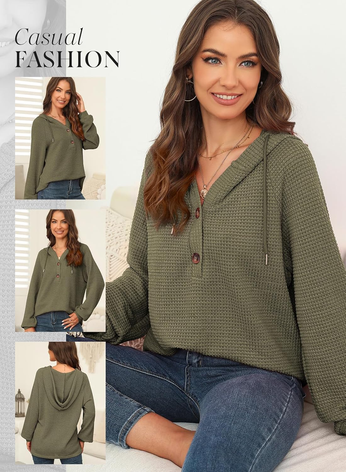 Hoodies for Women Waffle Knit Long Sleeve Drawstring Button V Neck Casual Pullover Sweatshirt Hooded Tops