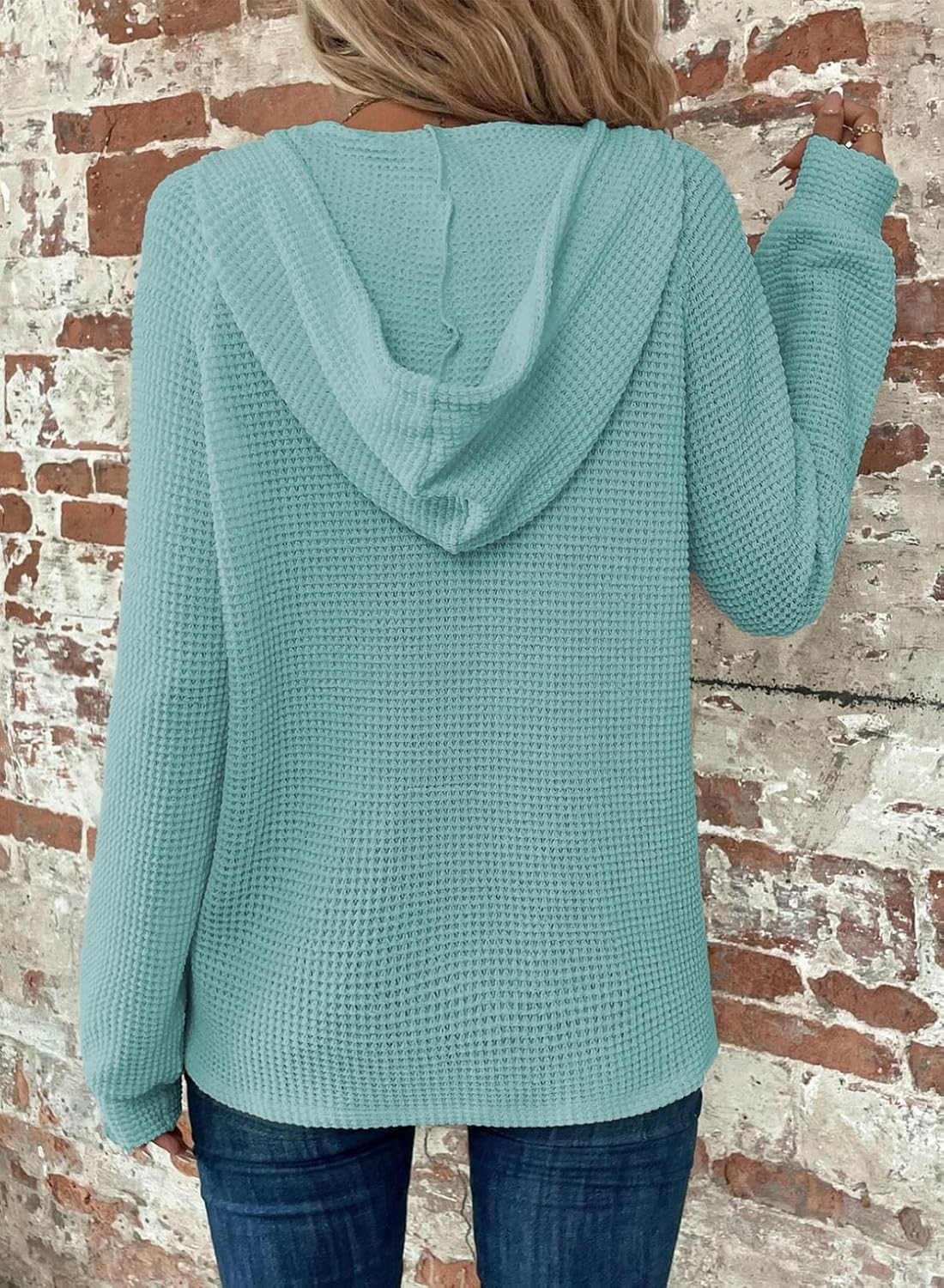 Hoodies for Women Waffle Knit Long Sleeve Drawstring Button V Neck Casual Pullover Sweatshirt Hooded Tops