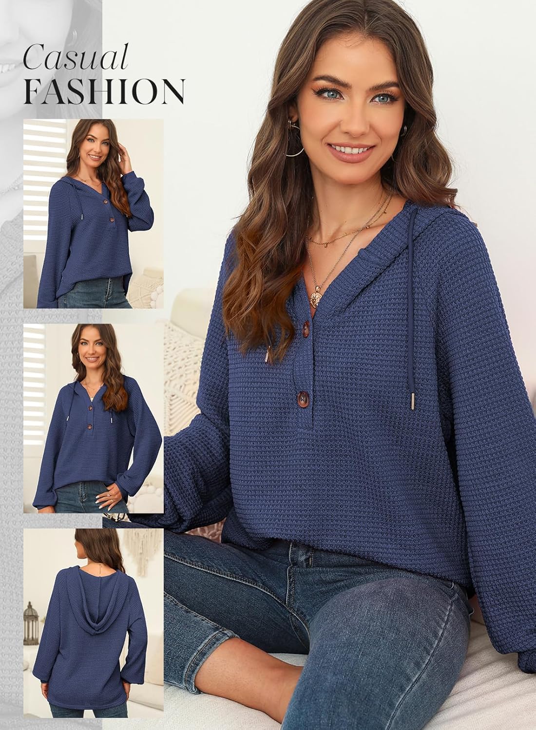 Hoodies for Women Waffle Knit Long Sleeve Drawstring Button V Neck Casual Pullover Sweatshirt Hooded Tops