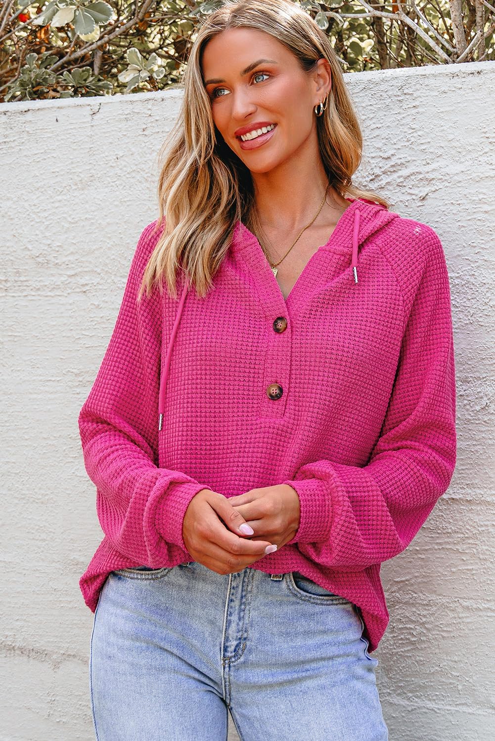 Hoodies for Women Waffle Knit Long Sleeve Drawstring Button V Neck Casual Pullover Sweatshirt Hooded Tops