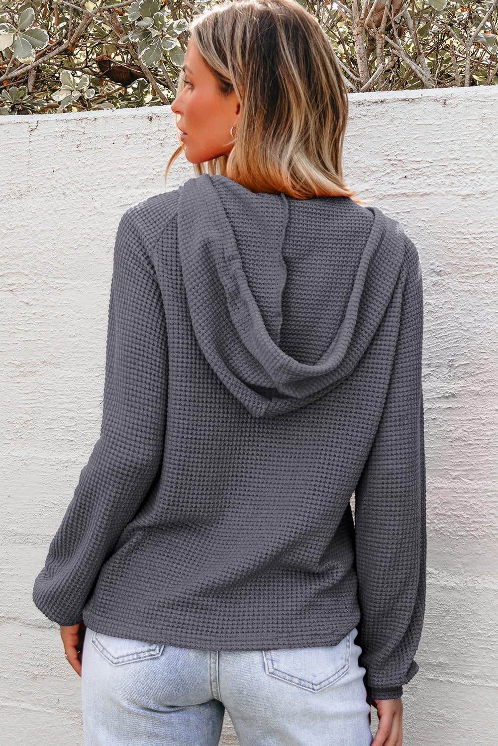 Hoodies for Women Waffle Knit Long Sleeve Drawstring Button V Neck Casual Pullover Sweatshirt Hooded Tops