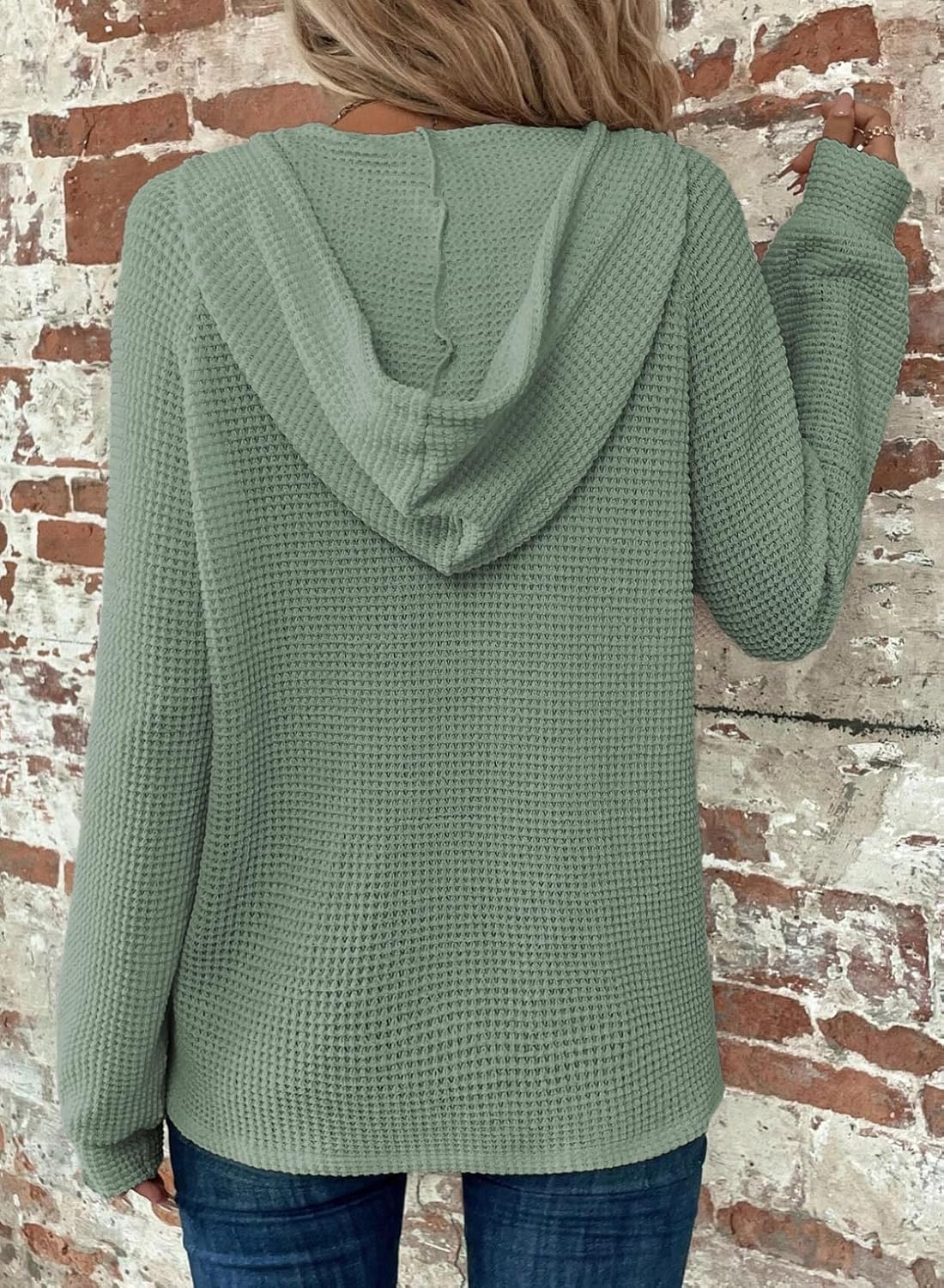 Hoodies for Women Waffle Knit Long Sleeve Drawstring Button V Neck Casual Pullover Sweatshirt Hooded Tops