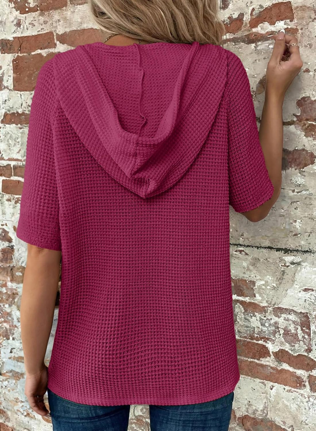 Hoodies for Women Waffle Knit Long Sleeve Drawstring Button V Neck Casual Pullover Sweatshirt Hooded Tops