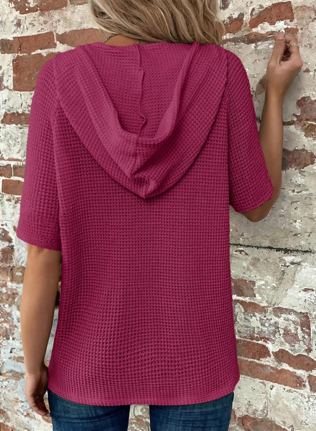 Hoodies for Women Waffle Knit Long Sleeve Drawstring Button V Neck Casual Pullover Sweatshirt Hooded Tops