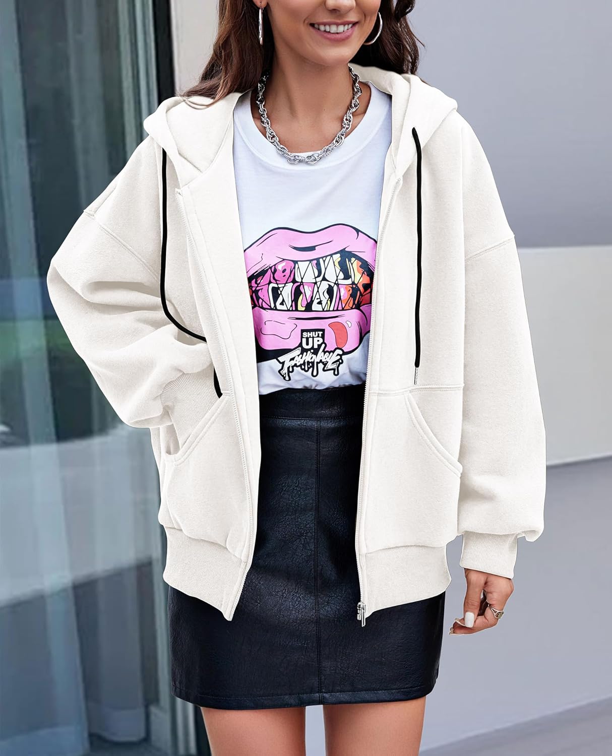 Women's 2025 Fall Oversized Hoodies Sweatshirt Long Sleeve Zip Up Pockets Loose Fit Y2K Winter Jackets Coat