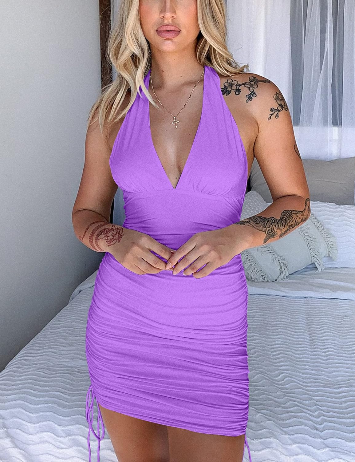 Women's Sexy Halter Bodycon V Neck Backless Ruched Drawstring Mini Club Party Dresses