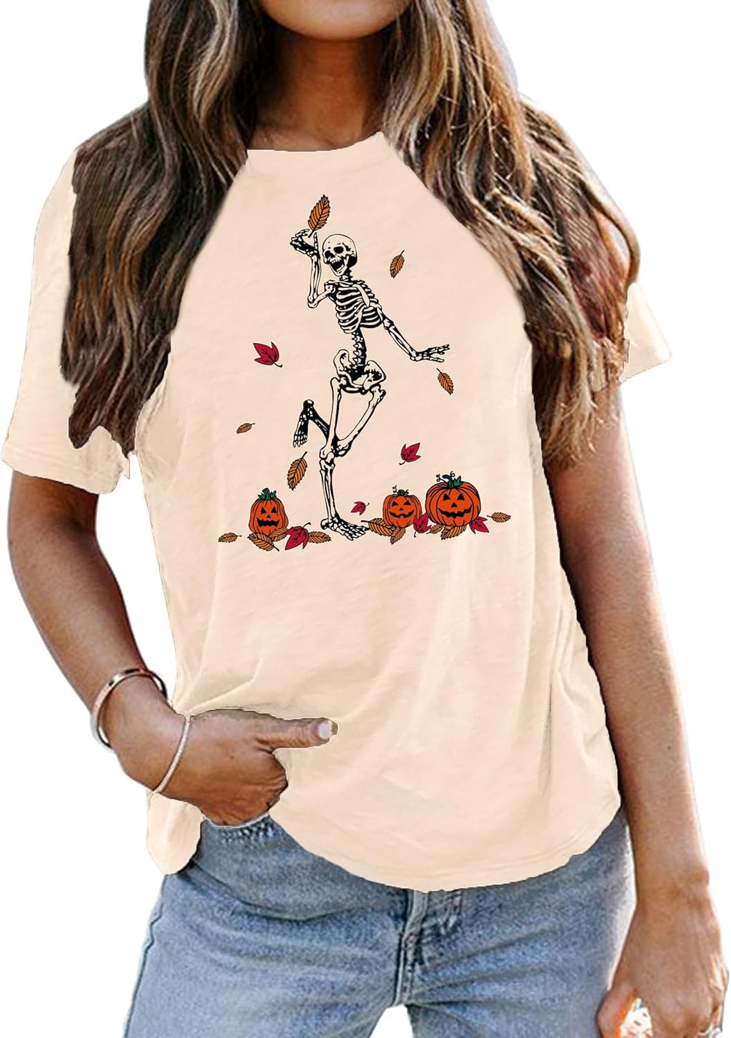 Dancing Skeleton Shirt for Women Happy Halloween T-Shirt Funny Skeleton Graphic Tees Tops Blouse Gift