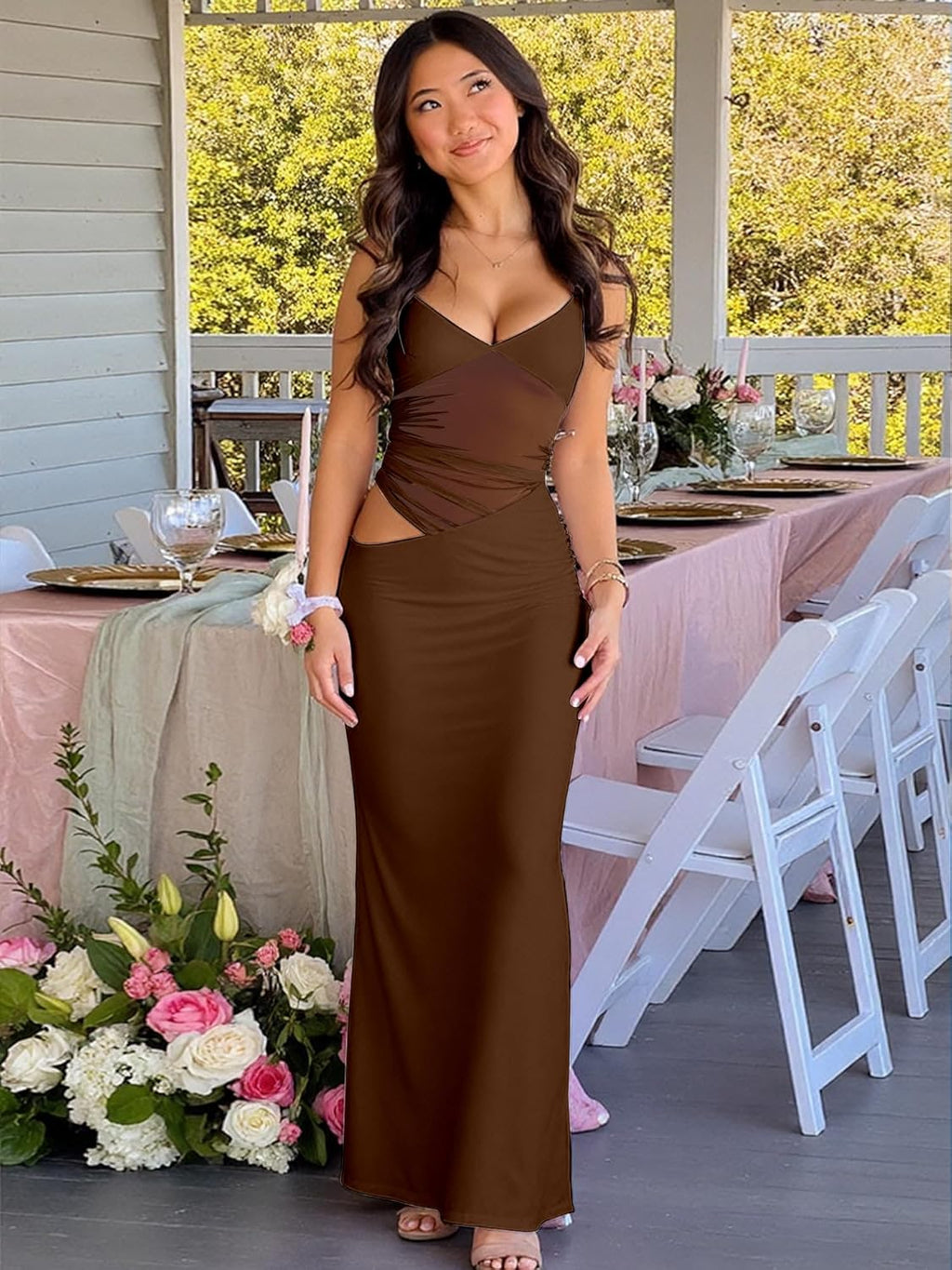 Women's Sexy Bodycon V Neck Spaghetti Strap Maxi Dress Elegant Backless Cocktail Evening Party Long Formal Dresses