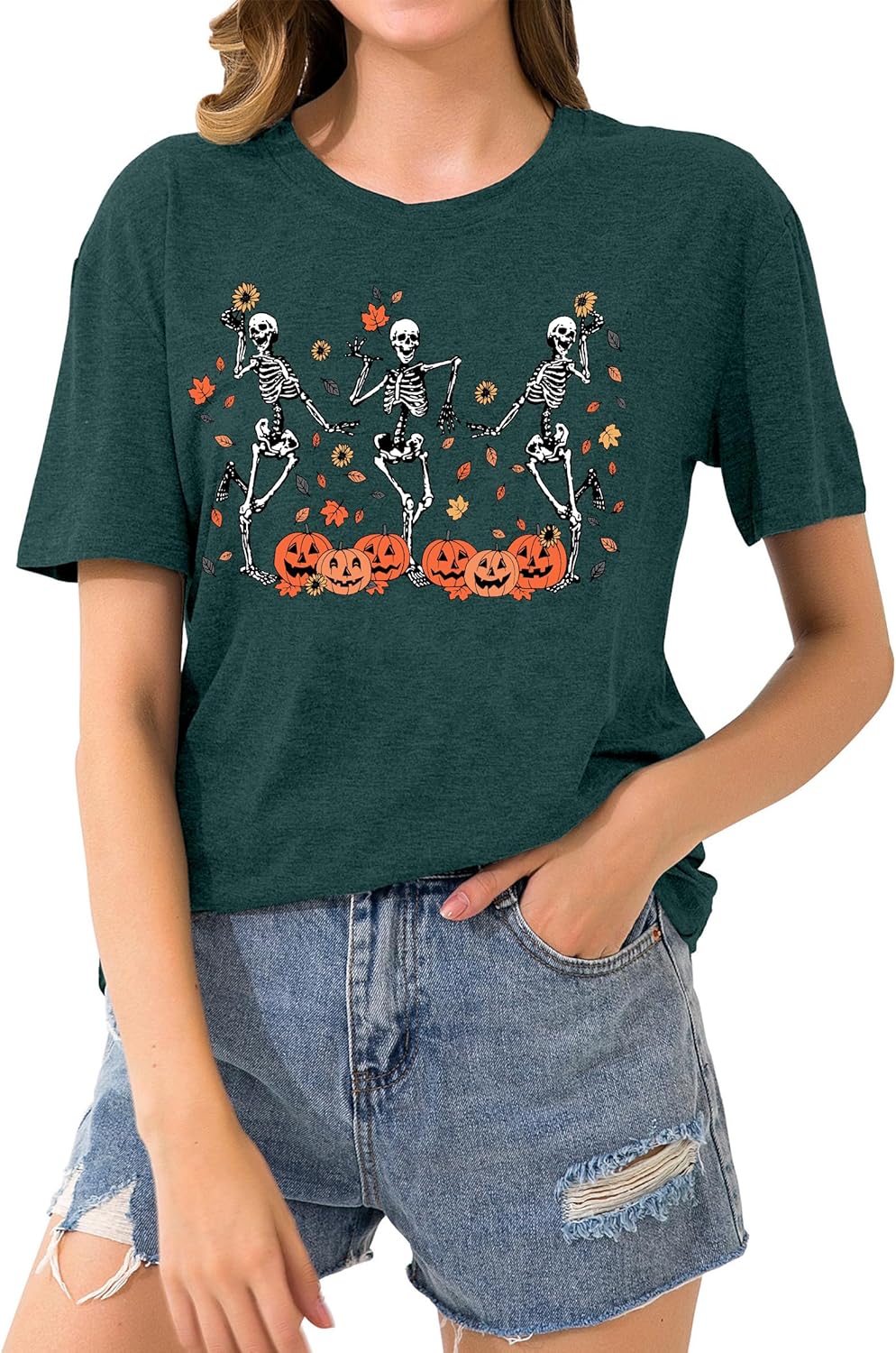Dancing Skeleton Shirt for Women Happy Halloween T-Shirt Funny Skeleton Graphic Tees Tops Blouse Gift