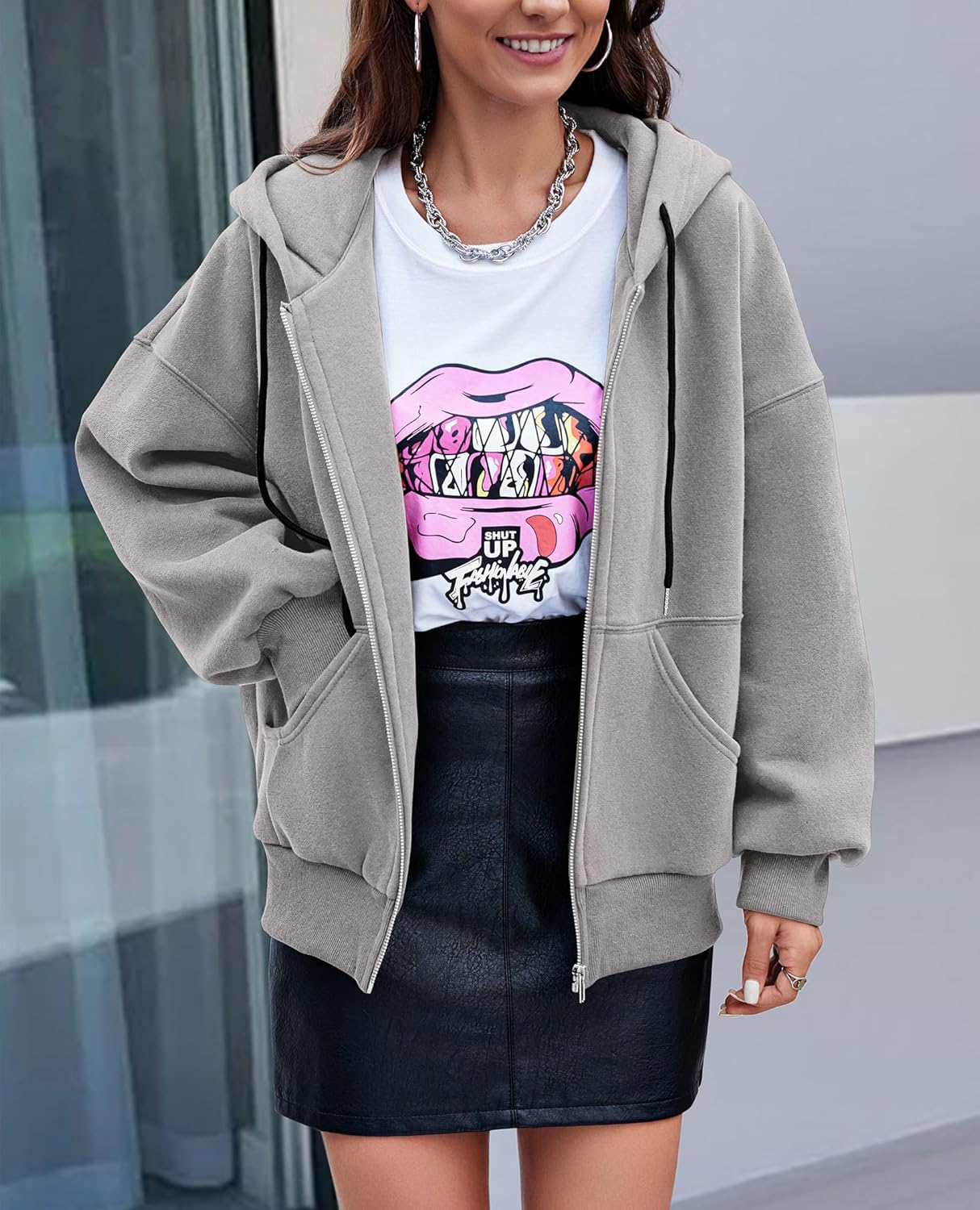 Women's 2025 Fall Oversized Hoodies Sweatshirt Long Sleeve Zip Up Pockets Loose Fit Y2K Winter Jackets Coat