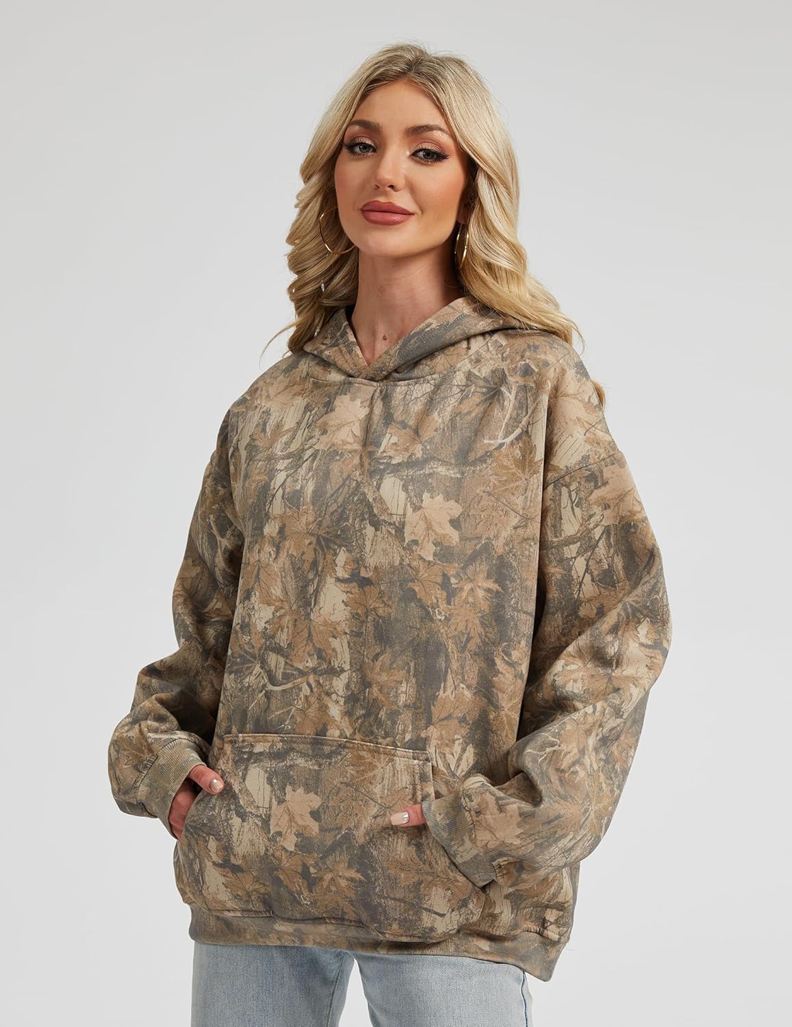 Womens Camo Hoodies Maple Leaf Print Oversized Hooded Sweatshirt Fleece Pullover Sweatshirts Long Sleeve with Pocket